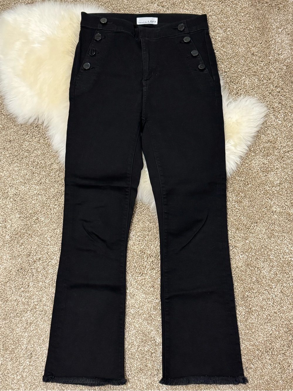 LOFT Black High-Rise Flare Button-Front Jeans Fringe Size 4/27